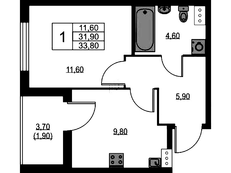 1-комнатная квартира 33.8 м², 4/13 эт., ЖК «А101 Лаголово»